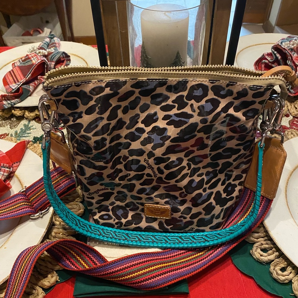 Consuela Crossbody bag with Turquoise shoulder strap and thick crossbody strap.